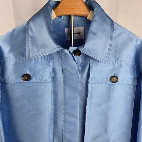 NWT Brognano Safari Jacket Sz S to XL Oversized Light Blue Satiny Designer Italy - Picture 3 of 14